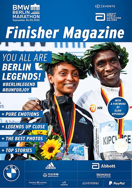 Winner 2022 Assefa and Kipchoge on the cover of the BMW BERLIN-MARATHON finisher magazine 2022